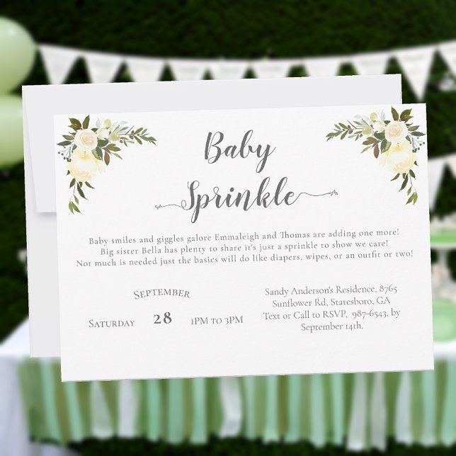 Blommigten elegant Baby Shower Sprinkle Vit ros Inbjudningar (Skapare uppladdad)