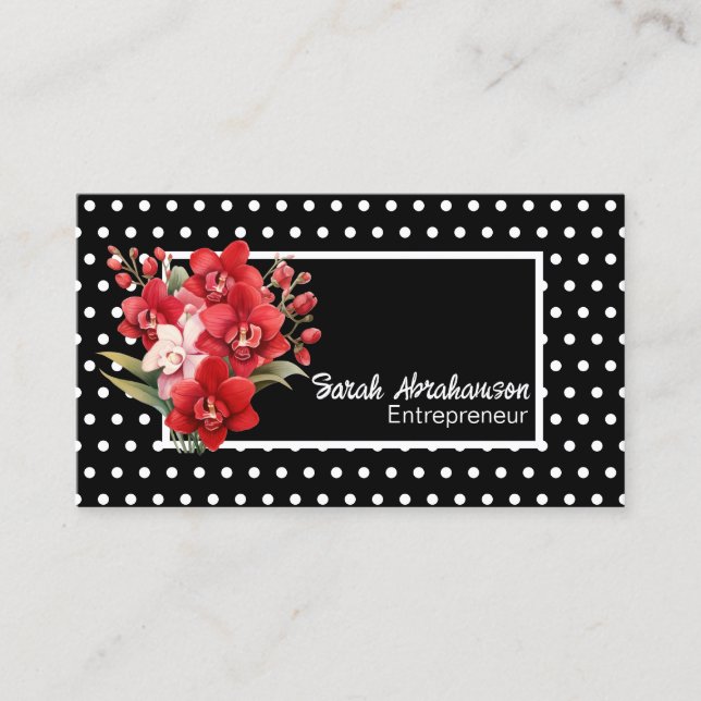 Blommigten elegant Black and White Polka Dot Visitkort (Framsida)
