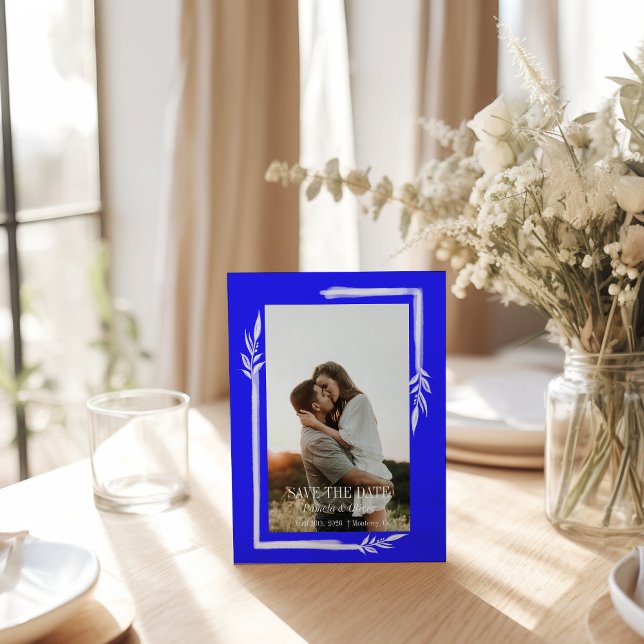 Blommigten elegant blått och vitt Spara datum Bröl Vykort (Skapare uppladdad)