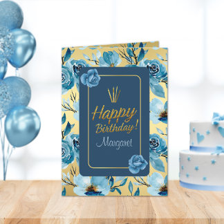 Blommigten elegant Blue & Guld Grattis på födelsed Kort
