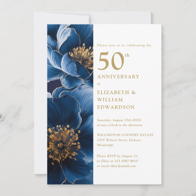 Blommigten elegant Blue och Guld 50-årsjubileum Inbjudningar (Framsida)