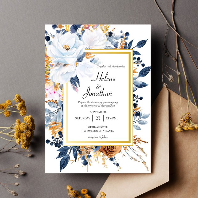 Blommigten Elegant bröllop i Navy Blue Rust Terrac Inbjudningar (Navy Blue Rust Terracotta Floral Elegant Wedding Invitation)