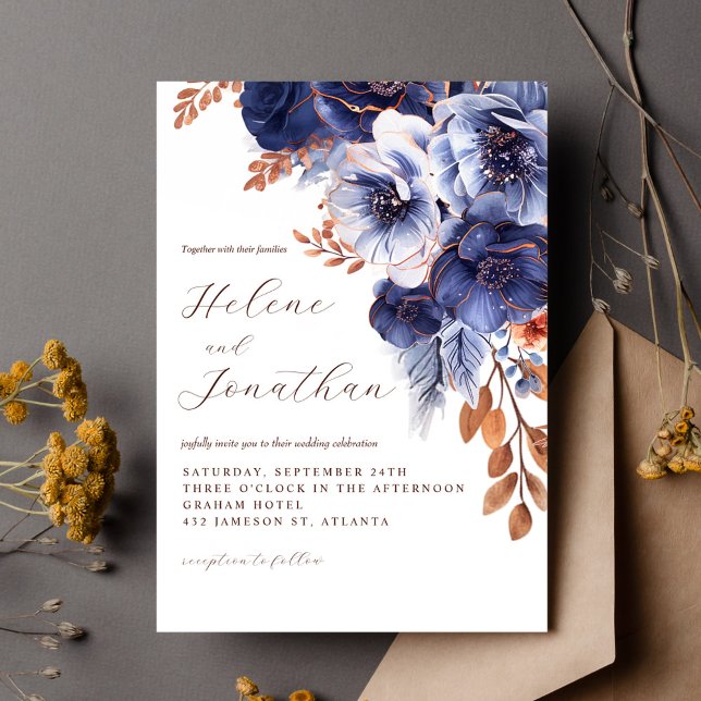 Blommigten Elegant bröllop i Navy Blue Terracotta  Inbjudningar (Navy Blue Terracotta Rust Floral Elegant Wedding Invitation)