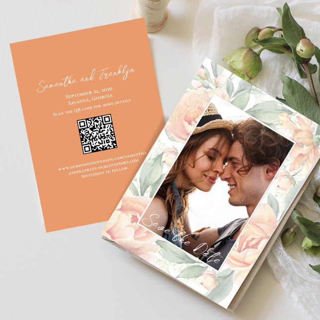 Blommigten elegant bröllop Photo Watercolor Spara Datumet (Elegant peach floral wedding save the date photo card)