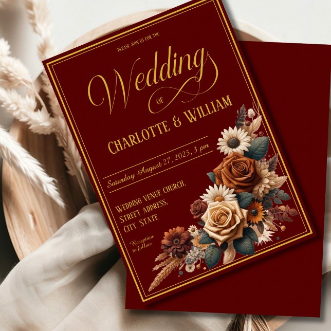 Blommigten Elegant bröllop Script Brown Inbjudningar (Skapare uppladdad)