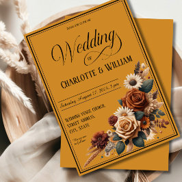 Blommigten Elegant bröllop Script Brown Inbjudningar