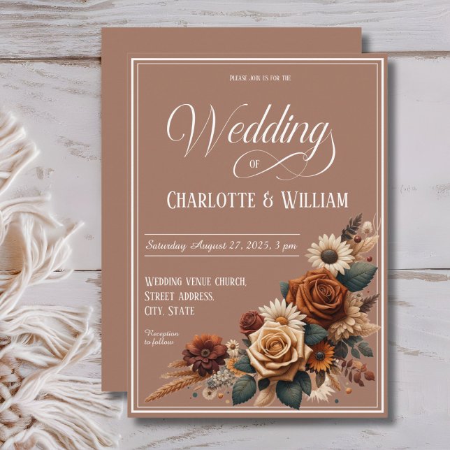 Blommigten Elegant bröllop Script Brown Inbjudningar (Skapare uppladdad)