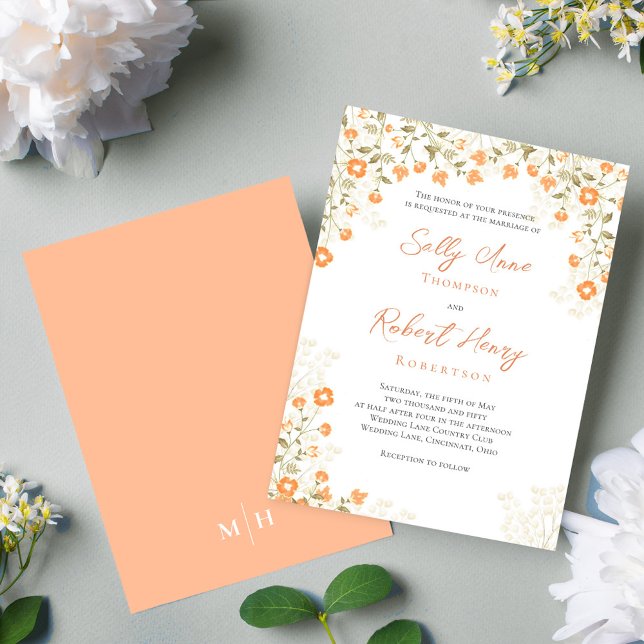 Blommigten Elegant bröllop Simple Peach  Inbjudningar (Elegant peach floral wedding invitation with a monogram on the backside. )