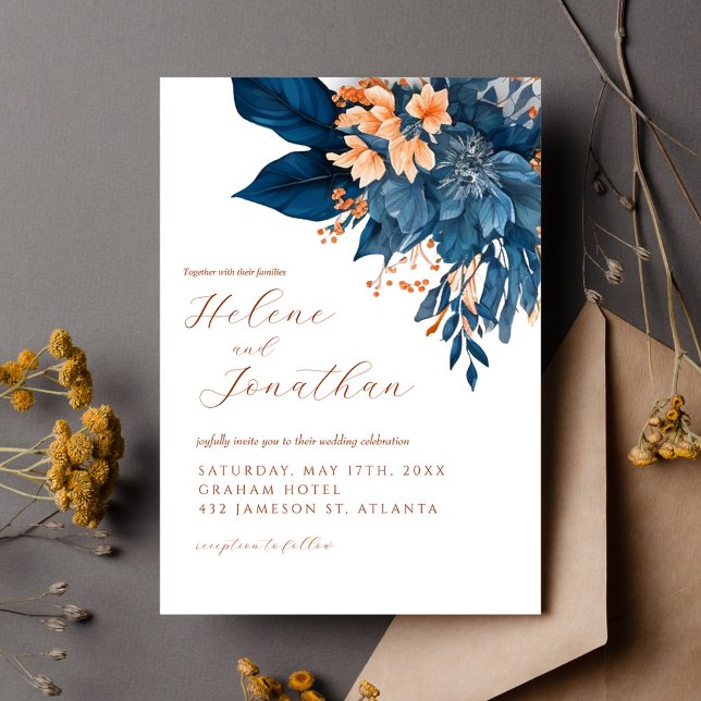 Blommigten Elegant bröllop vid marin blå rost Oran Inbjudningar (Navy Blue Rust Orange Floral Elegant Wedding Invitation)