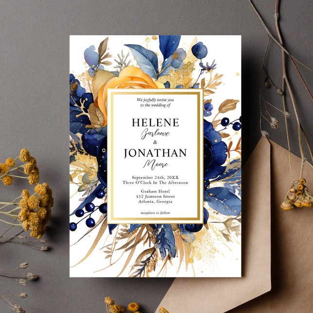 Blommigten Elegant bröllop vid marinblått Guld Ter Inbjudningar (Navy Blue Gold Terracotta Floral Elegant Wedding Invitation)