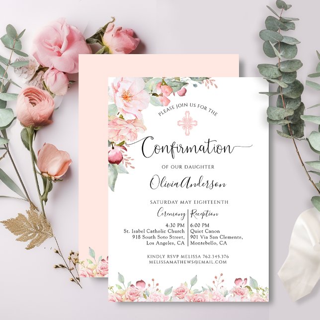 Blommigten elegant Confirmation Mint och Peach Inbjudningar (Skapare uppladdad)