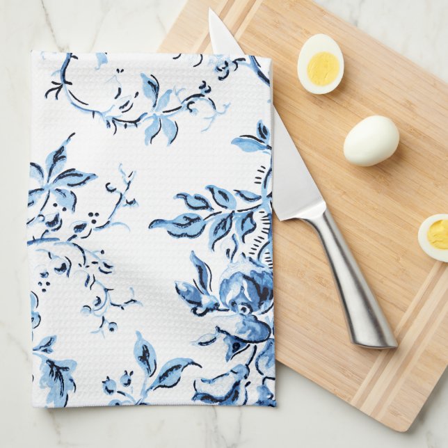 Blommigten elegant Delft Blue och White Kökshandduk (Vikt i Fjärdedel)
