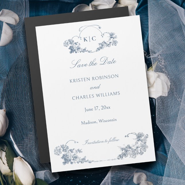 Blommigten elegant Dusty Blue Fransk Spara datum Magnetisk Inbjudningskort (Skapare uppladdad)