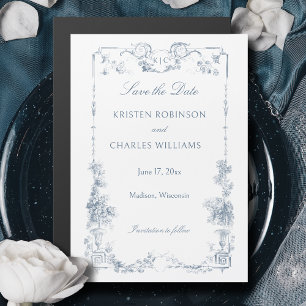 Blommigten elegant Dusty Blue Fransk Spara datum Magnetisk Inbjudningskort