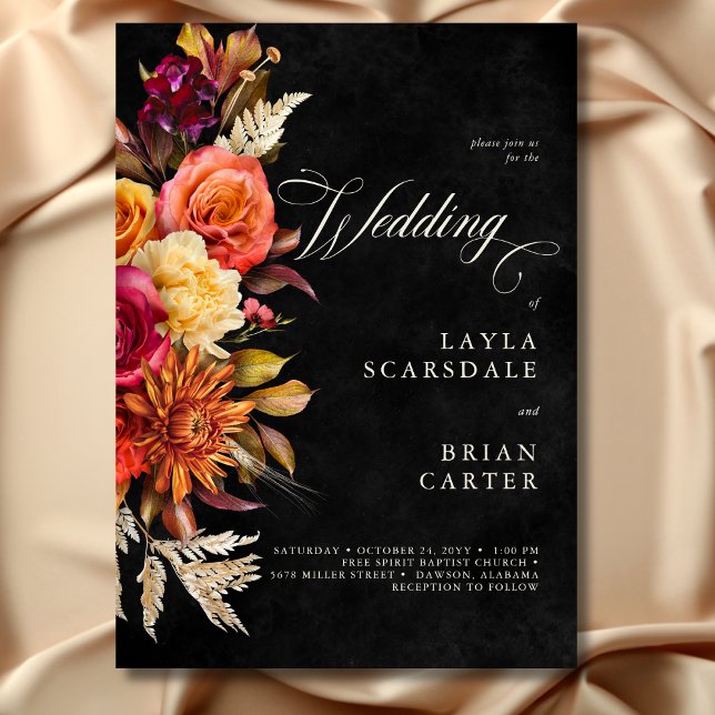 Blommigten elegant i Svart Vibrant Boho  Bröllop Inbjudningar (Elegant Black Vibrant Boho Floral Script Wedding Invitation)