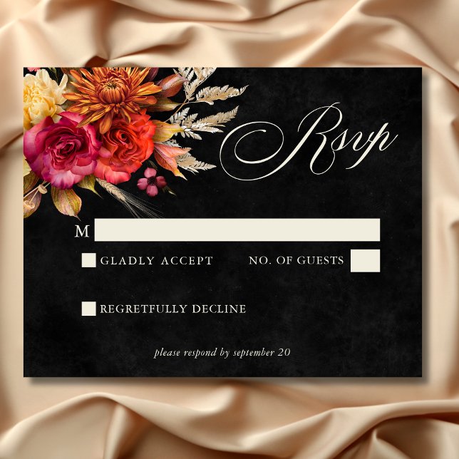 Blommigten elegant i Svart Vibrant Boho  Bröllop OSA Kort (Elegant Black Vibrant Boho Floral Script Wedding RSVP Card)