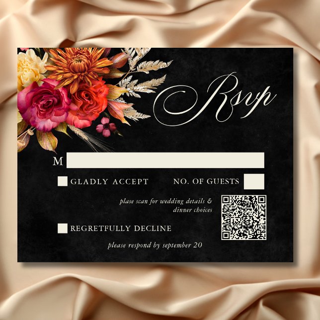 Blommigten elegant i Svart Vibrant Boho  Bröllop OSA Kort (Elegant Black Vibrant Boho Floral Script Wedding RSVP Card)