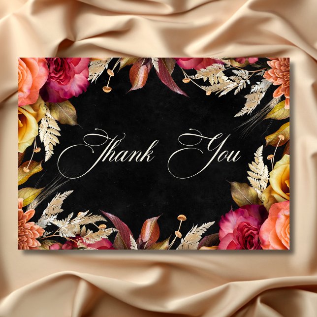 Blommigten elegant i Svart Vibrant Boho  Bröllop Tack Kort (Elegant Black Vibrant Boho Floral Script Wedding Thank You Card)