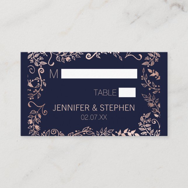 Blommigten elegant Navy Blue Ro Guld Placeringskort (Framsida)
