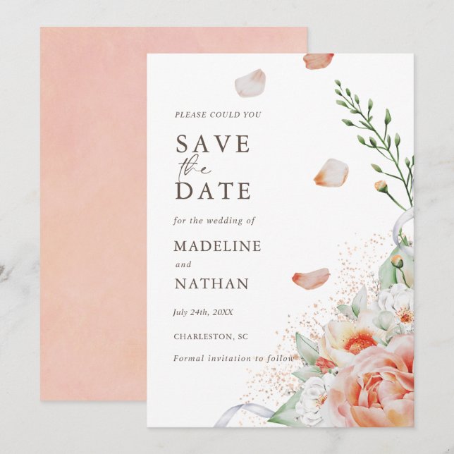 Blommigten elegant Peach Watercolor Spara datum Datumet (Fram/baksida)