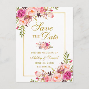 Blommigten elegant Rosa Spara datum Guld Meddelande Vykort