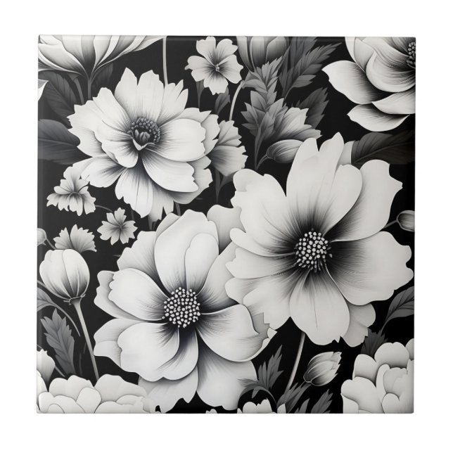 Blommigten elegant Svartvit vattenfärg Kakelplatta (Framsidan)