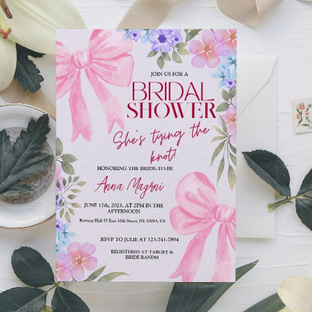 Blommigten elegant vattenfärg Bows Möhippa Roligt Inbjudningar (Elegant Watercolor Floral Bows Bridal Shower Fun)