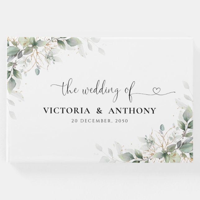 Blommigten Eucalyptus Guld Greenery Bröllop Guest  Gästböcker (Framsida)