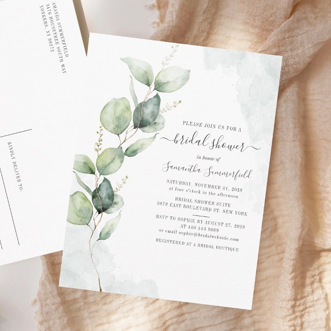Blommigten Eucalyptus Script-Möhippa för vattenfär Inbjudan Vykort (Minimalist Eucalyptus Bridal Shower Invitation Postcard)