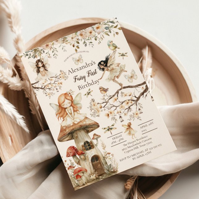 Blommigten Fairy First Birthday Woodland Inbjudningar (Skapare uppladdad)