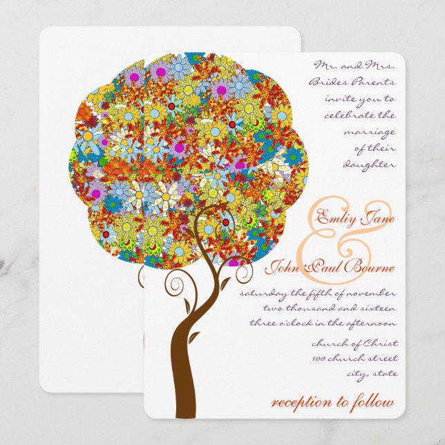 Blommigten Fairytale Träd,  för skogskorrigering Inbjudningar (Fram/baksida)