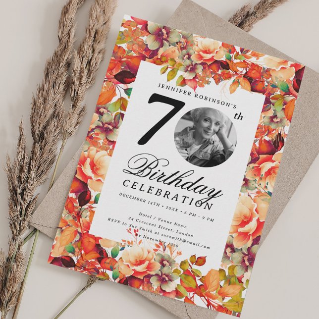 Blommigten Fall Autumn Garden Photo 70 Birthday Inbjudningar (Fall Autumn Floral Garden Photo 70th Birthday Invitation)