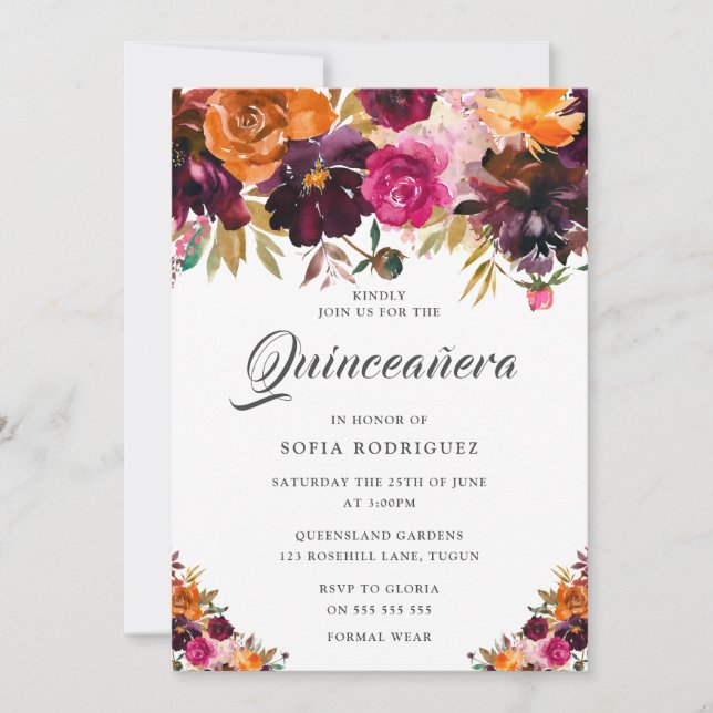 Blommigten Fall Burgundy-sommaren Fall Quinceanera Inbjudningar (Framsida)
