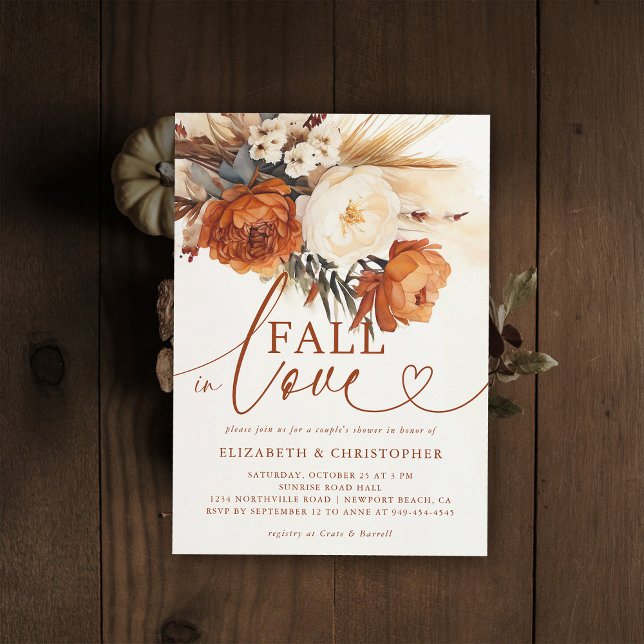 Blommigten Fall Kärlek Terracotta Pampas  Ett par  Inbjudningar (fall in love wedding shower invitation bridal couple jack jill coed boho pampas floral botanical)