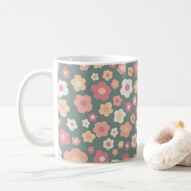 Blommigten Färga Daisy Retro Mönster Pastel Kaffemugg (Med munk)