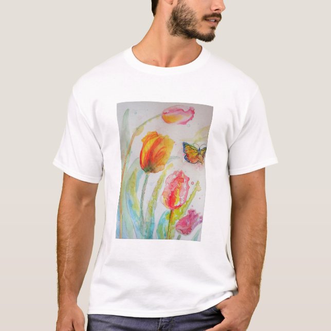 blommigten Färgämnen i Tulip och Butterfly T Shirt (Framsida)