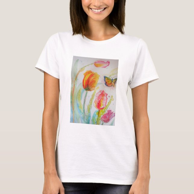 blommigten Färgämnen i Tulip och Butterfly T Shirt (Framsida)
