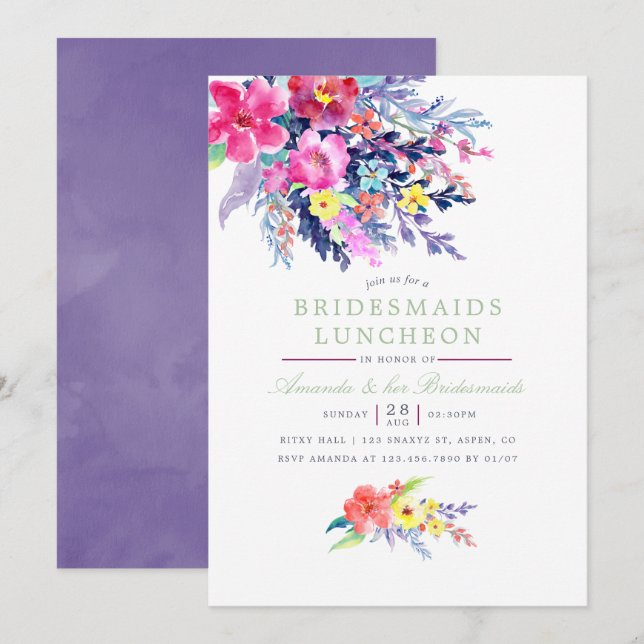 Blommigten Färgbeläggning av vattenfärg Bridesmaid Inbjudningar (Fram/baksida)