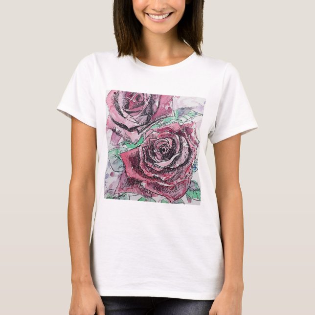 Blommigten Färgblommor i röd ros T Shirt (Framsida)