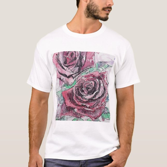 Blommigten Färgblommor i röd ros T Shirt (Framsida)