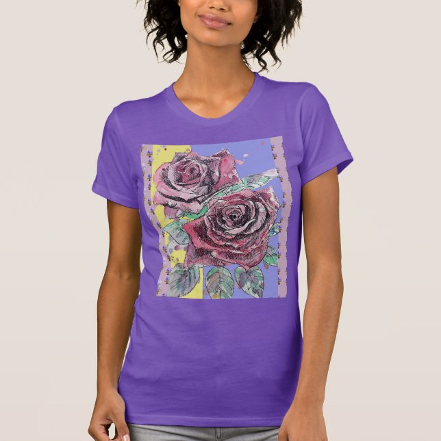 Blommigten Färgblommor i röd ros T Shirt (Framsida)