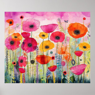 Blommigten Färgfull vibrant Poppy Flower Fält Poster
