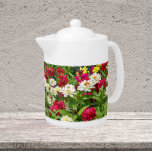 Blommigten Färgfyllda Zinnia-bloomer<br><div class="desc">Vit keramisk tekanna med lock som har en omslutningsbild av en sommarträdgård med färgstarka Zinnia blommar,  där färg främst är röd och vit blomma. En underbar,  blommigt design!</div>