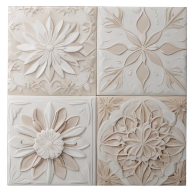 Blommigten Faux Relief Pastel Beige & White Abstra Kakelplatta (Framsidan)