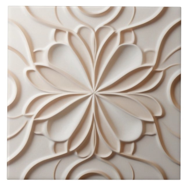 Blommigten Faux Relief Pastel Beige & White Abstra Kakelplatta (Framsidan)