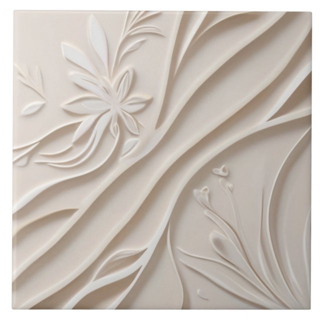 Blommigten Faux Relief Pastel Beige & White Abstra Kakelplatta (Framsidan)