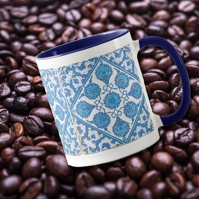 Blommigten Faux Tile Coffee Mugg (A coffee mug with a vintage blue and white floral pattern with cornflowers.)