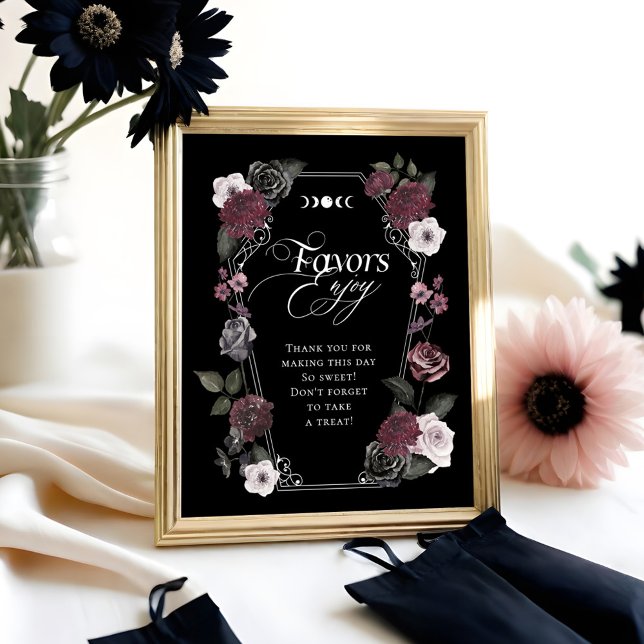 Blommigten Favoriter för elegant - gotiskt svart v Poster (Elegant Gothic Black Watercolor Floral Favors Sign)