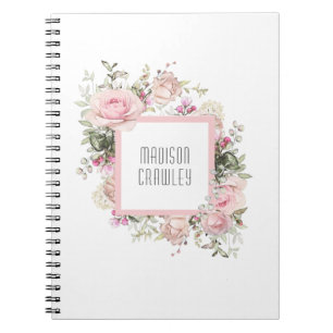 Blommigten Feminine Rosa ros med ditt namn Anteckningsbok