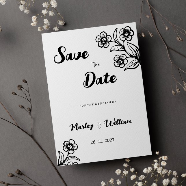 Blommigten Fet svart vit typografi Spara datum Inbjudningar (Bold black white typography floral Save the Date)
